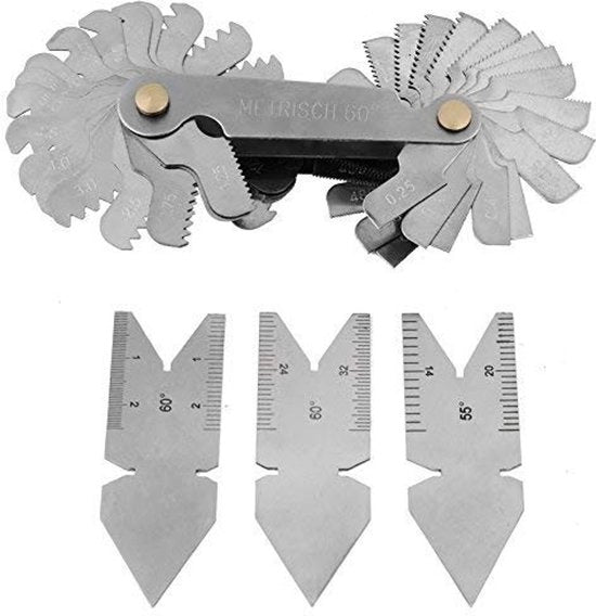 Set di Calibri da 3 - Strumenti di Misura per Viti - Acciaio Inossidabile - Malatura 60°/55° - Duraturo - Compattissimo e Leggero - Misuratore