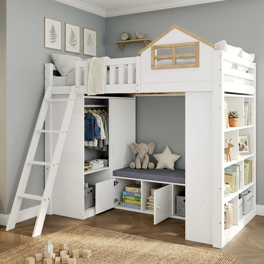 Letto a soppalco per bambini 90 x 200 cm in legno bianco e naturale; casetta con armadio