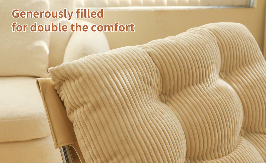 Sedia d'accento crema in velluto a coste con rivestimento removibile e gambe in metallo, stile Barcelona, 72x84x85 cm