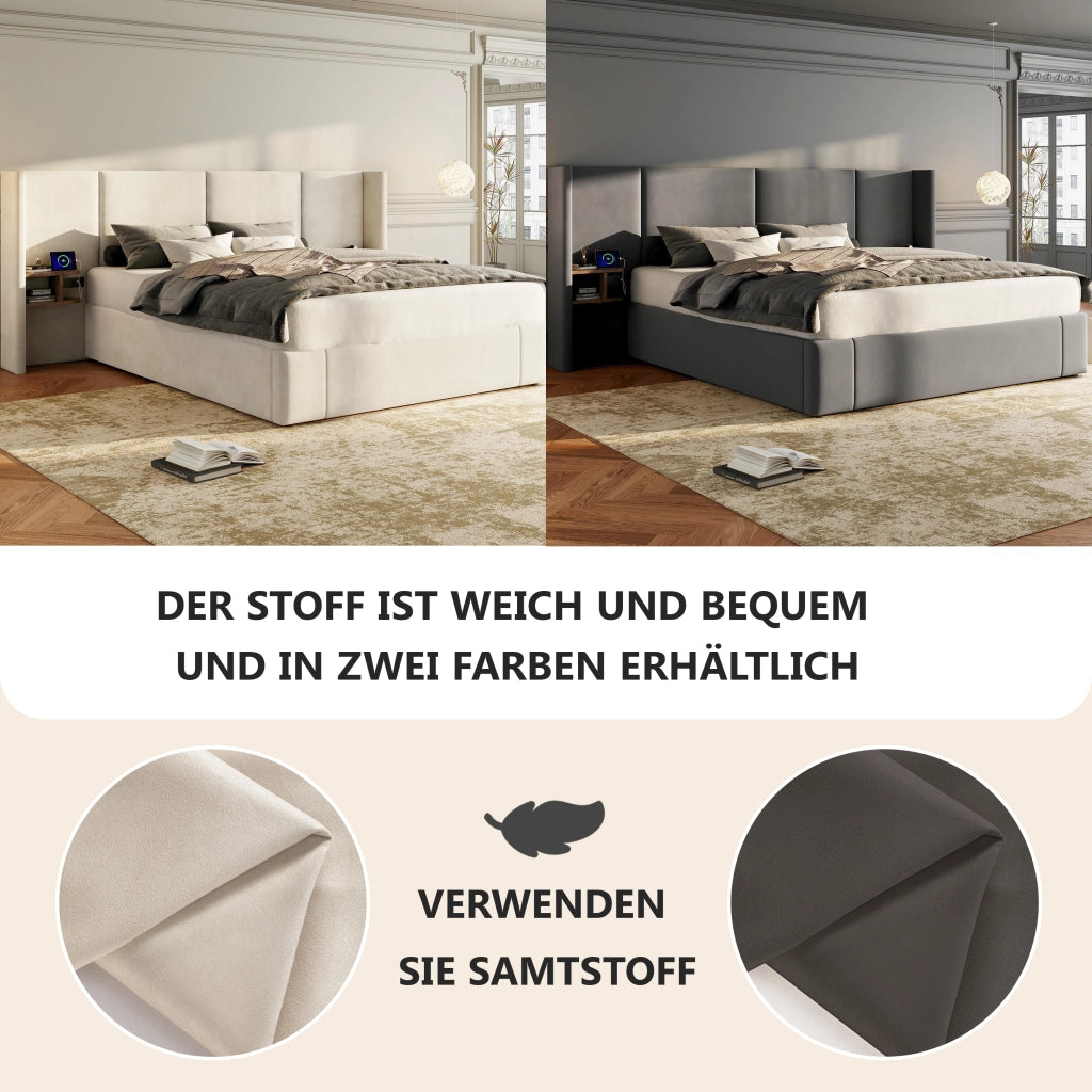 Letto contenitore 160x200 cm con USB-A; USB-C e prese; 2 comodini; rete a doghe in legno; velluto beige