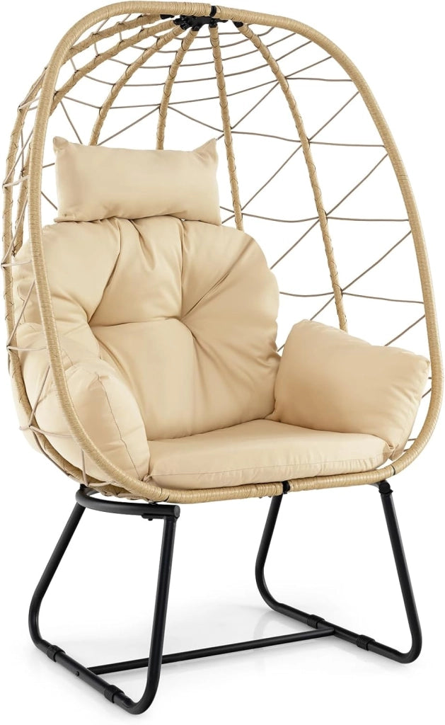 Poltrona in Rattan da Giardino, Sedia a Nido con Cuscino Rimovibile, Supporto in Metallo, Sedia a Uovo da Interni ed Esterni, Portata 150 kg, 100 x 76 x 145 cm (Beige)