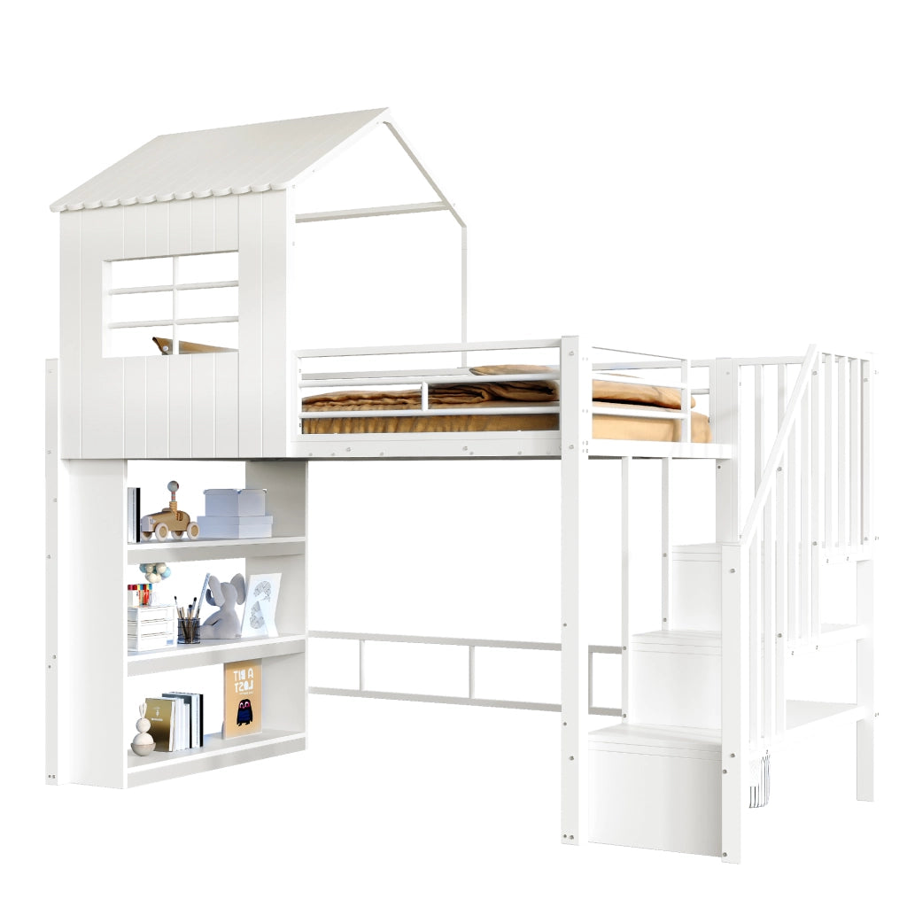 Letto a soppalco singolo 90×200 cm con scala contenitore e ripiani; senza materasso; MDF e metallo; bianco