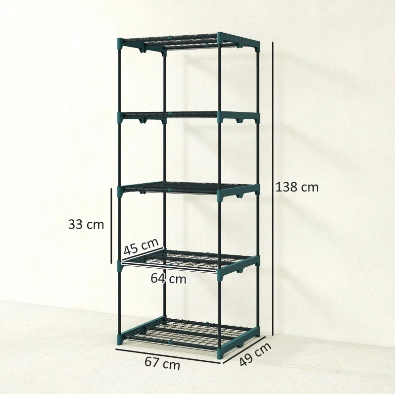 Scaffale per piante a 5 livelli in acciaio verde scuro, altezza 138 cm, per interno ed esterno