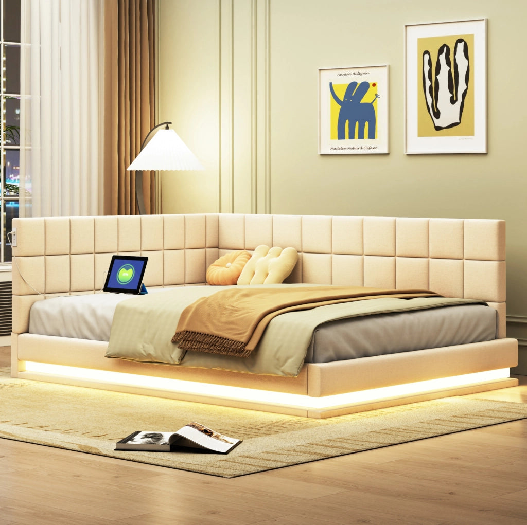 Divano letto imbottito ULEVR 140x200 cm con LED multicolore, presa USB e rete a doghe, rivestimento in lino beige