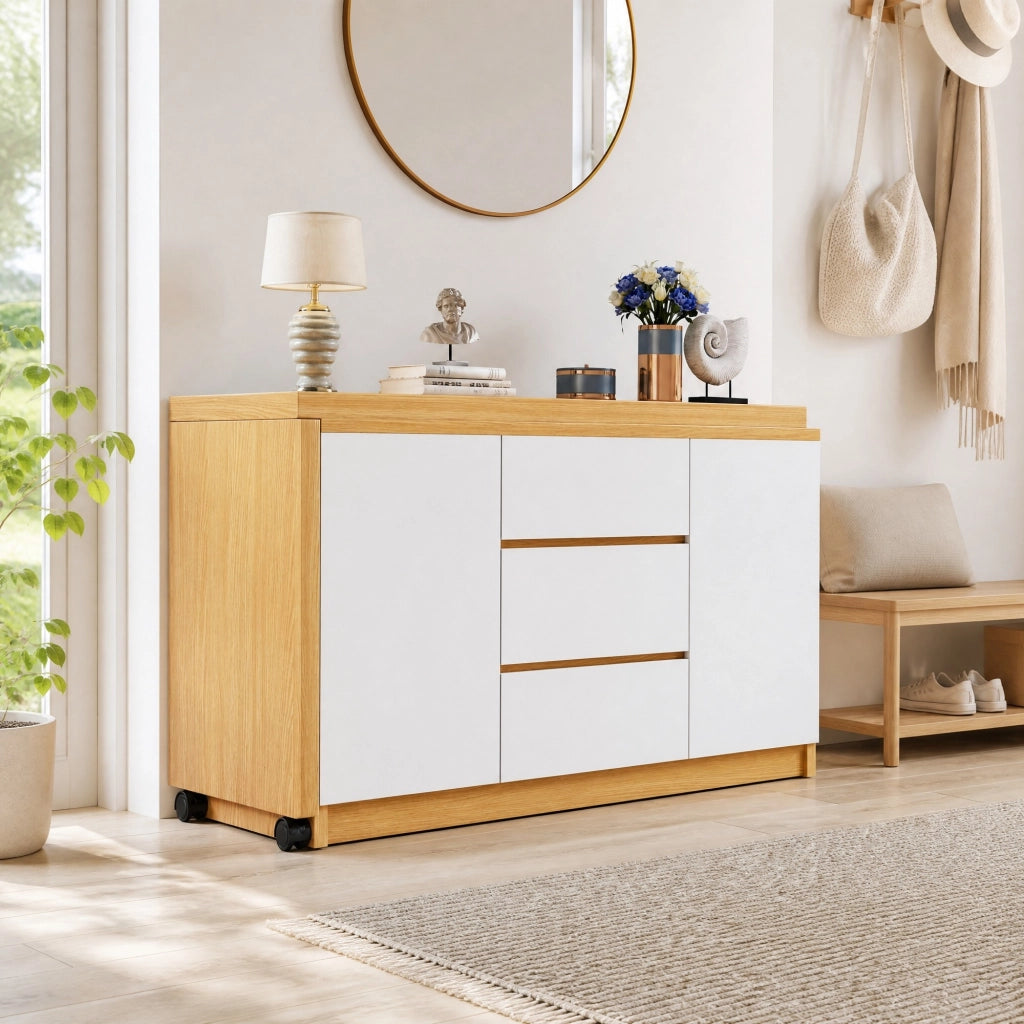 Scrivania girevole 360° 120x50x76;5 cm con 3 cassetti e 2 ante in truciolare bianco e rovere