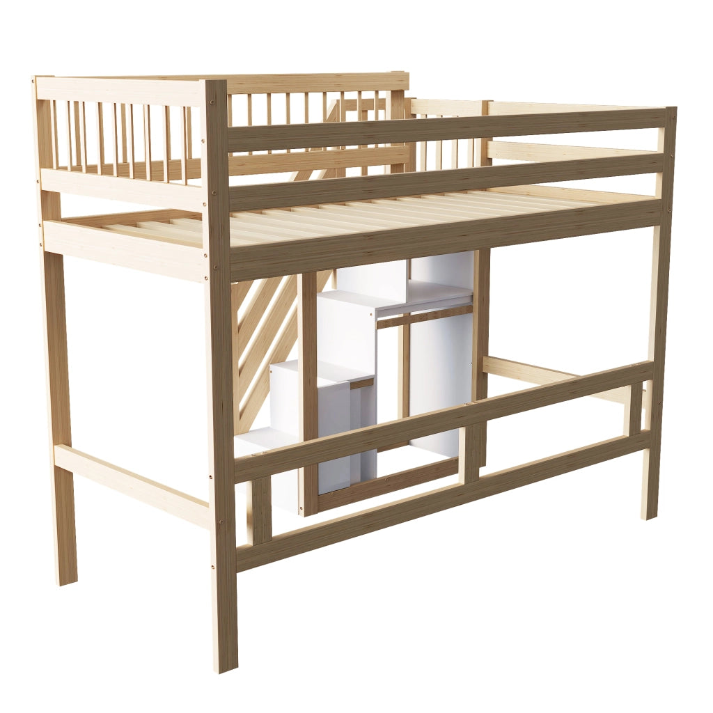 Letto a soppalco 90 × 200 cm con scala contenitore e sponde alte in legno colore naturale