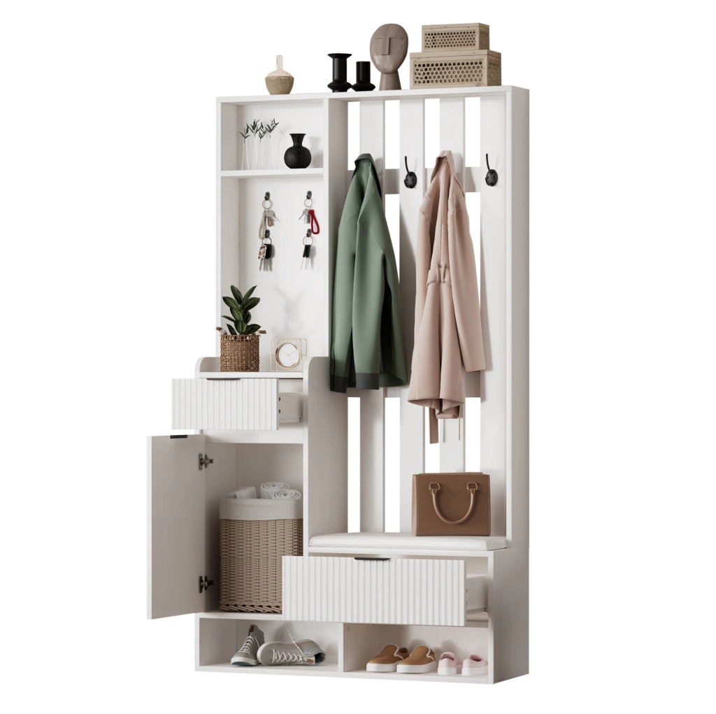 Guardaroba da ingresso 6 in 1 con panca; 8 ganci e contenitore; 100 ¡Á 30 ¡Á 180 cm; bianco