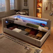 Letto divano 90x200 cm con contenitore con contenitore idraulico; LED; luce ai piedi; USB e Type-C; lino; beige