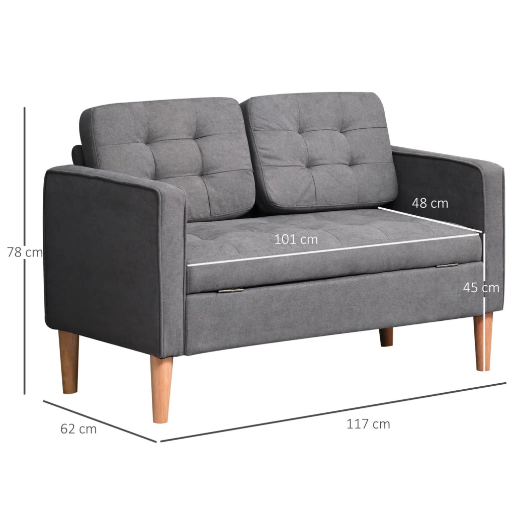 Divano 2 posti in cotone grigio con cuscini removibili e struttura in legno di gomma 117x62x78 cm