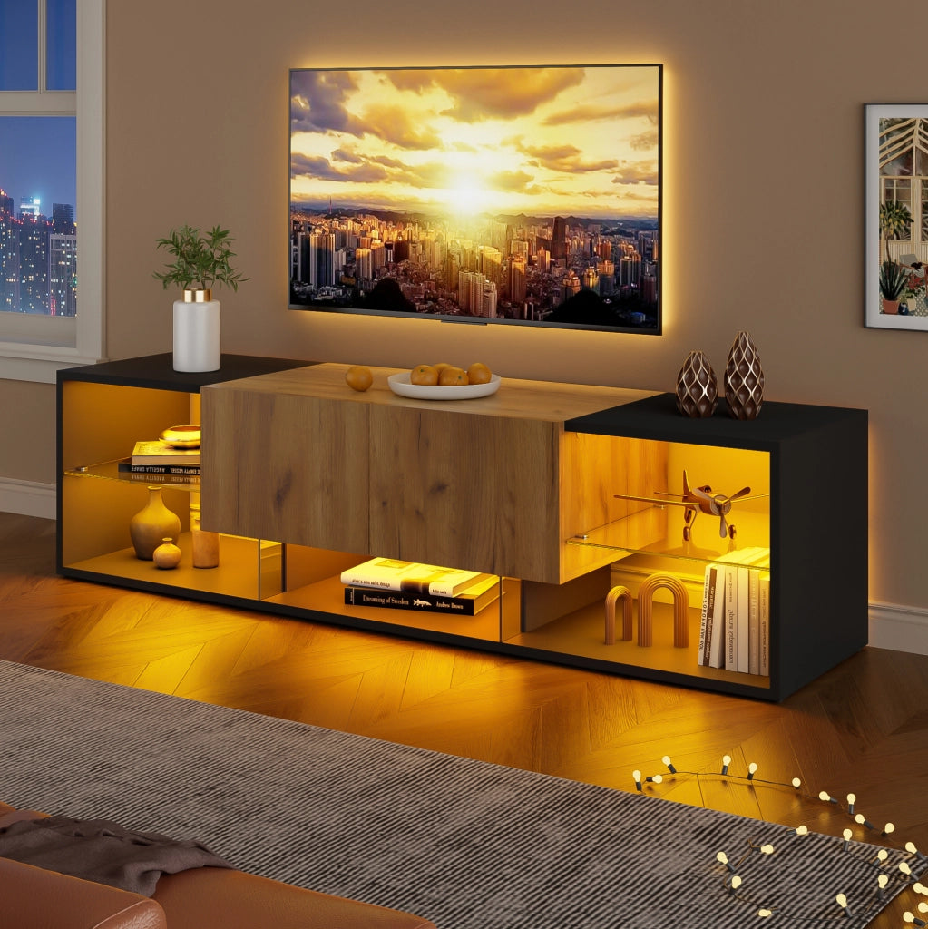 Mobile TV LED 160x40x42 cm in truciolato nero e naturale con contenitore