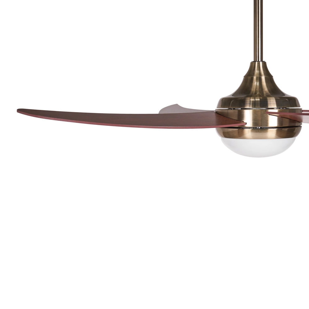 Ventilatore da soffitto a LED con base in ottone, pale in materiale sintetico effetto legno, timer con telecomando