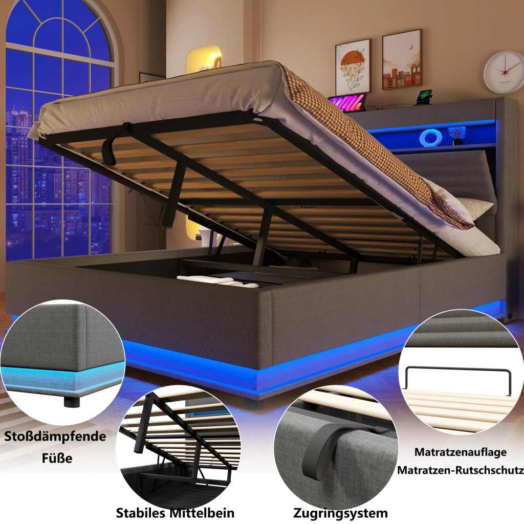 Letto contenitore 140 × 200 cm con vano idraulico testiera imbottita LED USB Type-C in lino grigio
