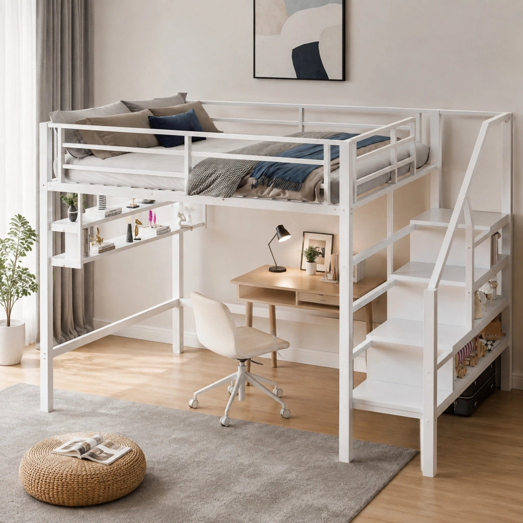 Letto a soppalco 90 ¡Á 200 cm con ripiani e scala contenitore in metallo e MDF bianco con spazio inferiore aperto