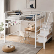 Letto a soppalco 90 ¡Á 200 cm con ripiani e scala contenitore in metallo e MDF bianco con spazio inferiore aperto