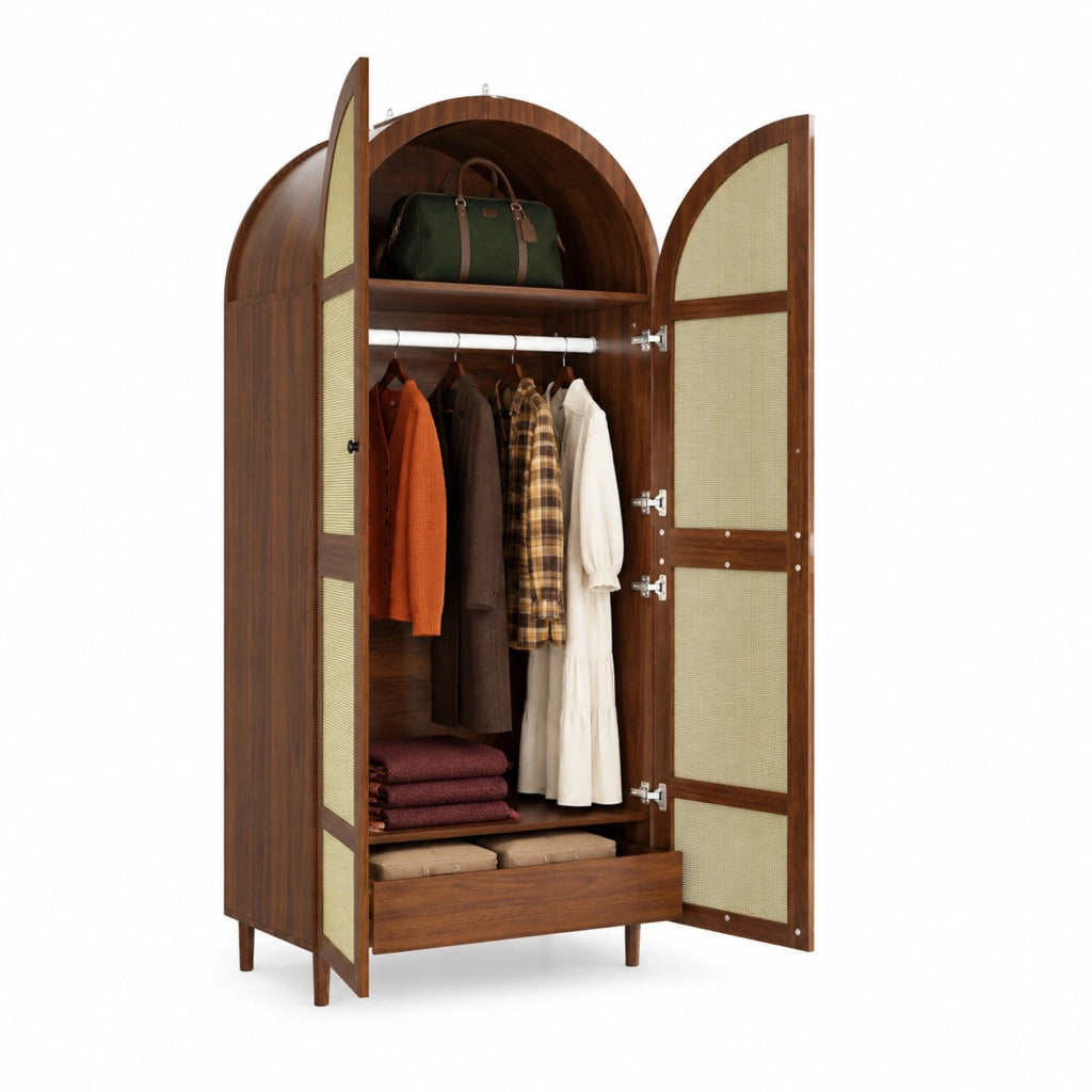 Armadio guardaroba 80x50x179 cm con ante in rattan e cassetti color noce HAVRYA