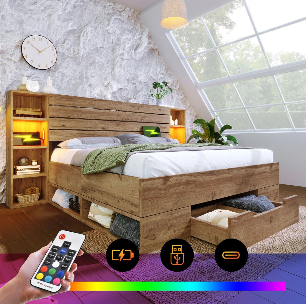 Letto matrimoniale 180x200 con contenitore， LED e USB-C， rovere， senza materasso