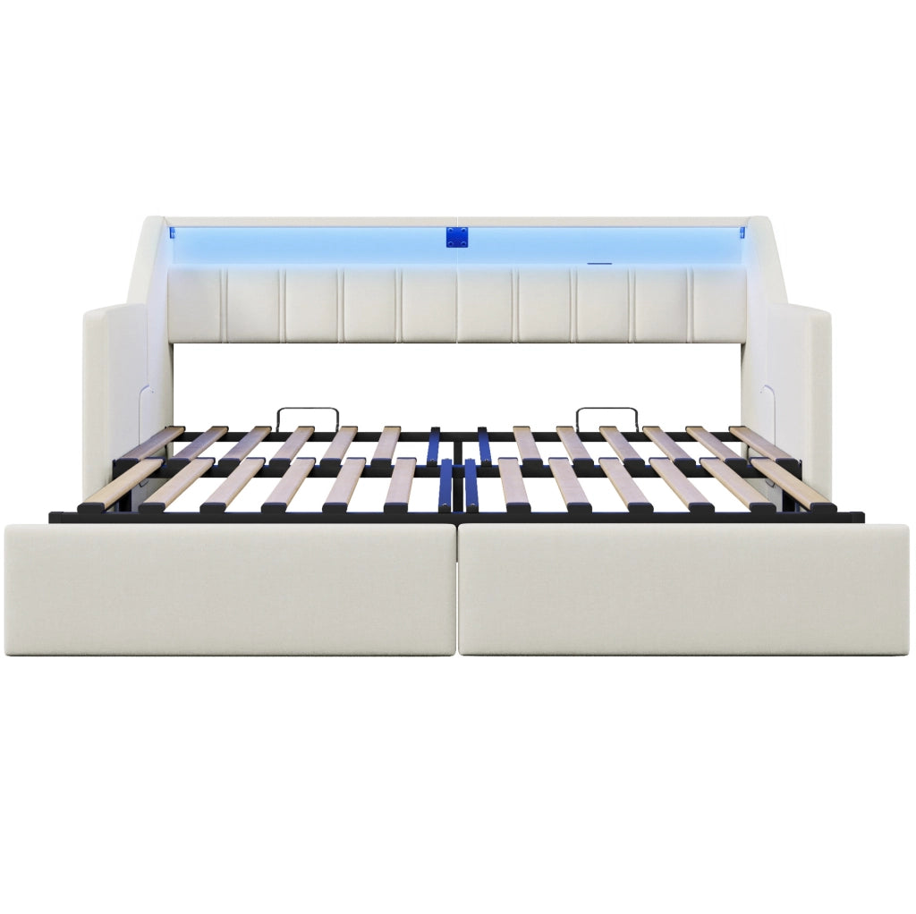 LETTO Estraibile 90x200 cm Beige in lino e MDF con USB e Type-C