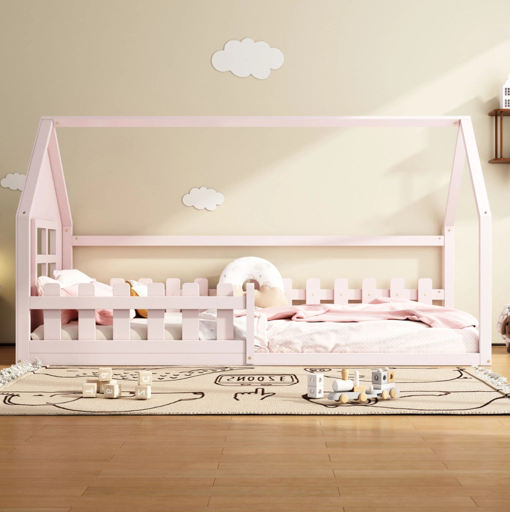 Letto per bambini 90x200 cm in pino e MDF, design a casetta, colore rosa