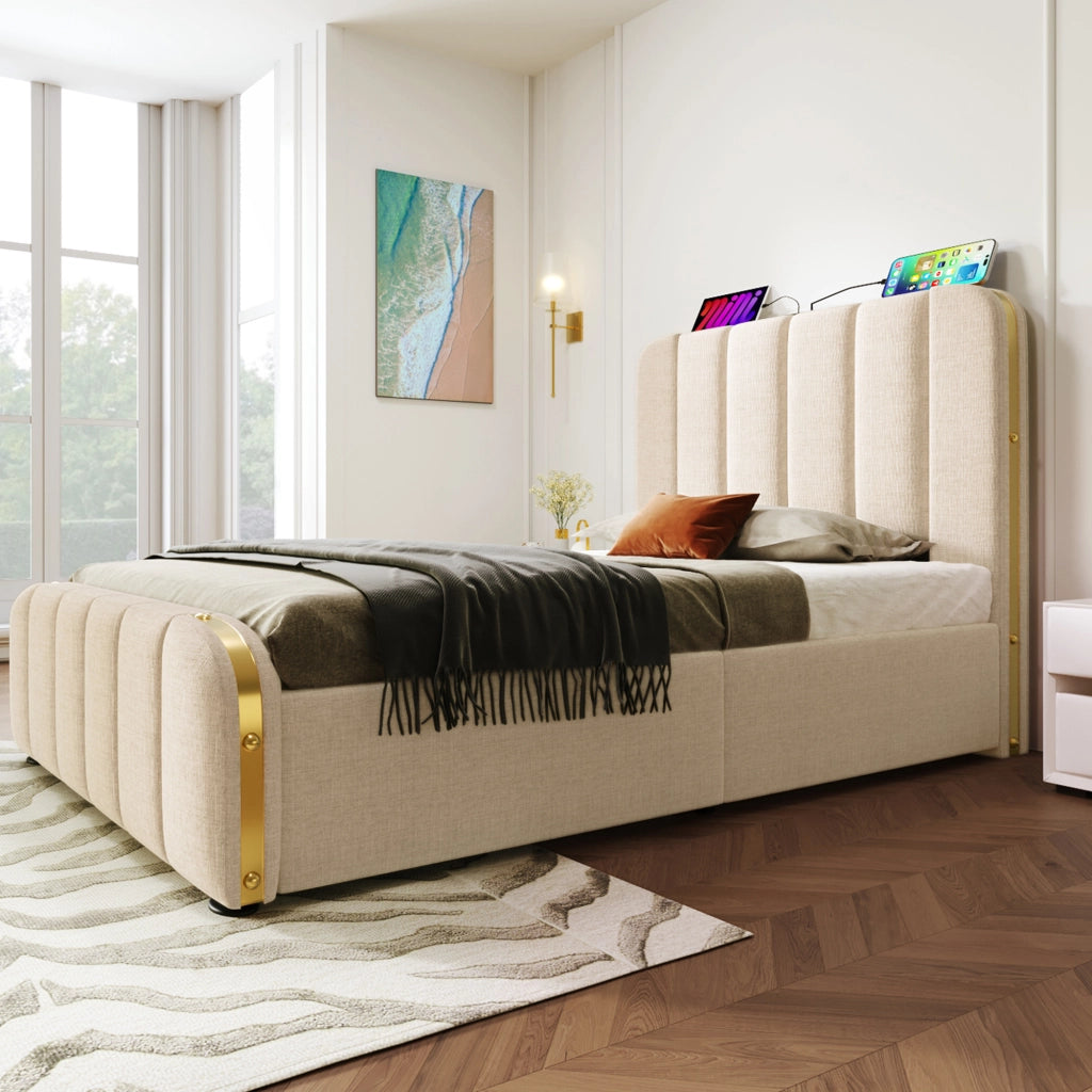 Letto contenitore singolo 90 × 200 cm con USB; Type-C e testiera imbottita; senza materasso; rivestito in lino beige