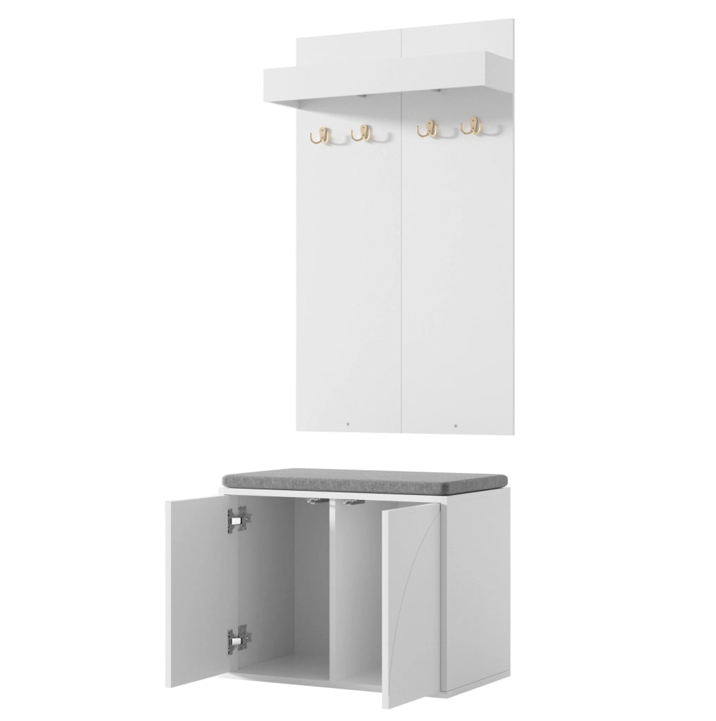 Set guardaroba 3 in 1 con appendiabiti, scarpiera a 2 ante e panca, bianco, 60x35x(45+100) cm