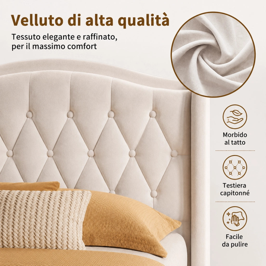 Letto a molle a sollevamento idraulico, testiera velluto beige, con luci LED RGB, stazioni di ricarica USB e wireless, scomparti porta oggetti, 140x200 cm