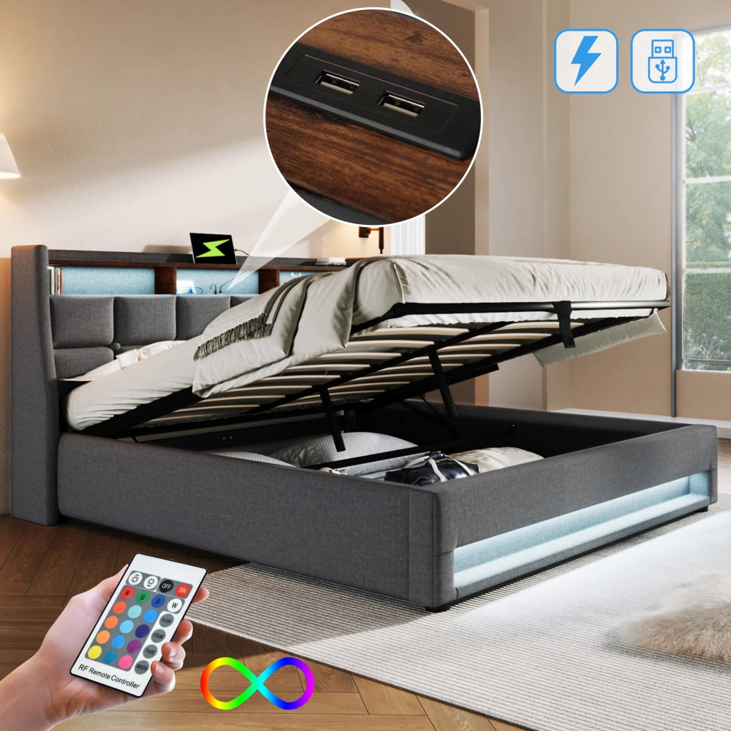 Letto Matrimoniale Imbottito 160x200 cm con LED; USB; Contenitore Idraulico e Rete a Doghe; Tessuto di Lino Grigio