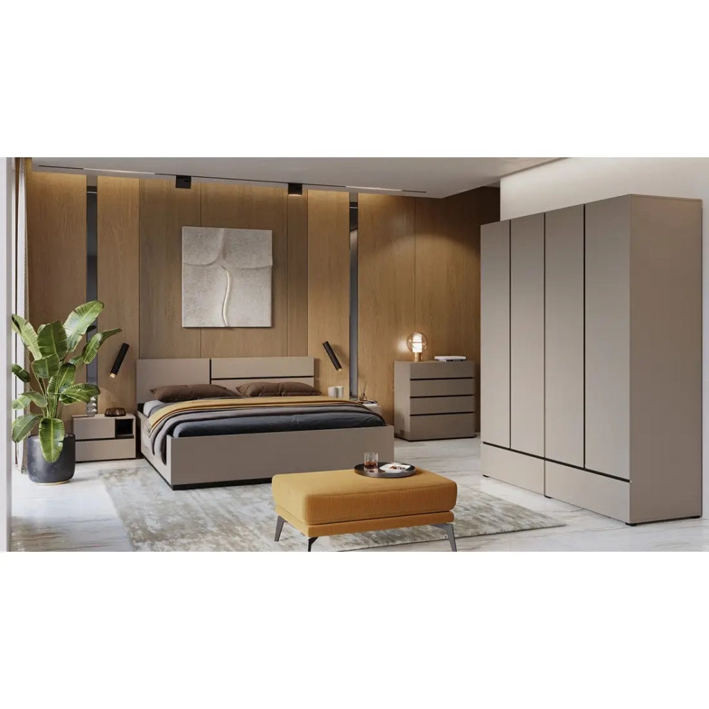 Camera completa HAVANA beige e nero – Letto 160x200, armadio 4 porte, comodini e cassettiera