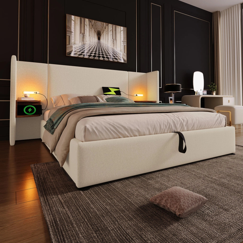 Letto contenitore 180 × 200 cm con testiera imbottita mensola lampada da lettura USB Type C lino beige