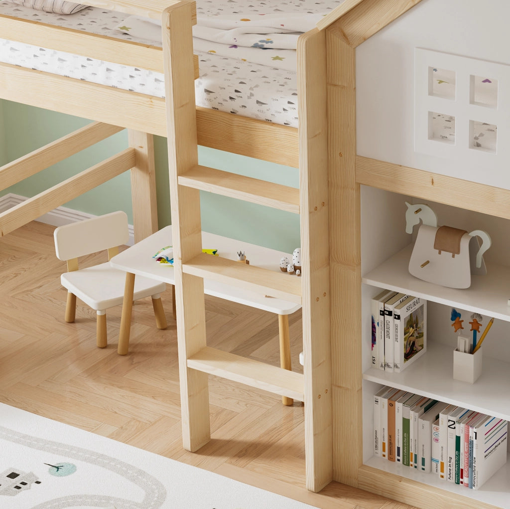 Letto a soppalco per bambini con cassetti e vani 90 x 200 cm