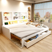 Letto divano estraibile 90×200 e 180×200 cm, 1-2 posti con 2 cassetti, LED e prese, senza materasso, MDF bianco