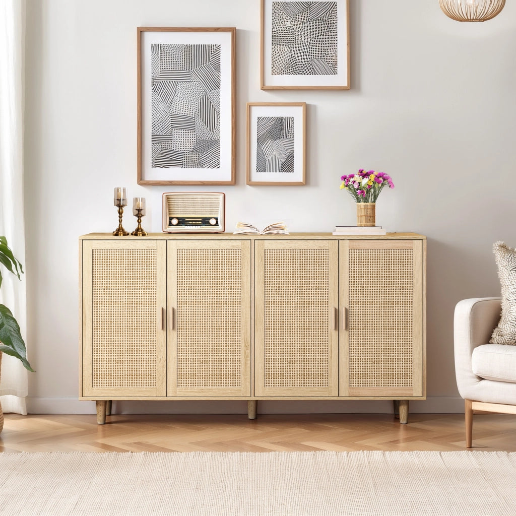 Madia a 4 ante decorative in rattan con ripiano regolabile e gambe in legno naturale 158 × 40 × 88 cm