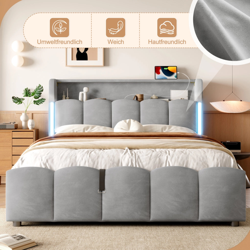 LETTO Contenitore 140x200 cm in Velluto Grigio con LED e porte USB/Type-C
