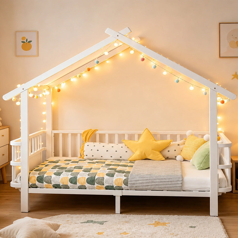 Letto per bambini a forma di casa ¨C Minimal ¨C metallo bianco 90x200cm con griglia di sicurezza