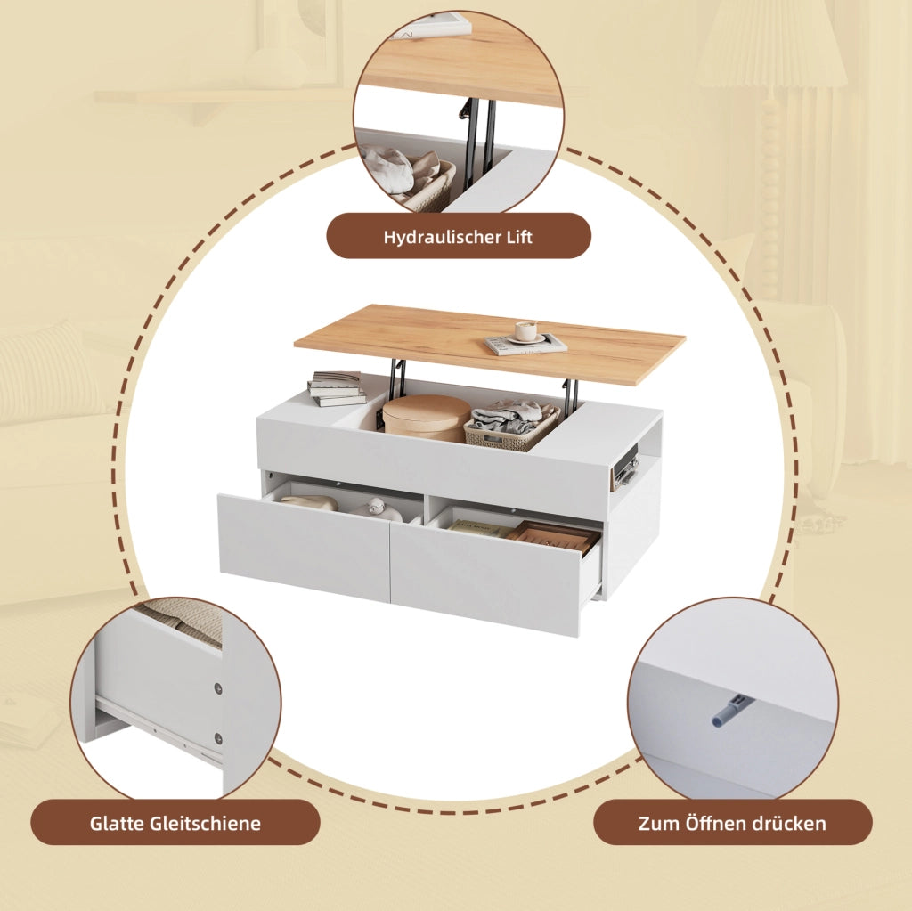 Tavolino da caffè sollevabile 100x50x40 cm con 2 cassetti; bianco e effetto legno