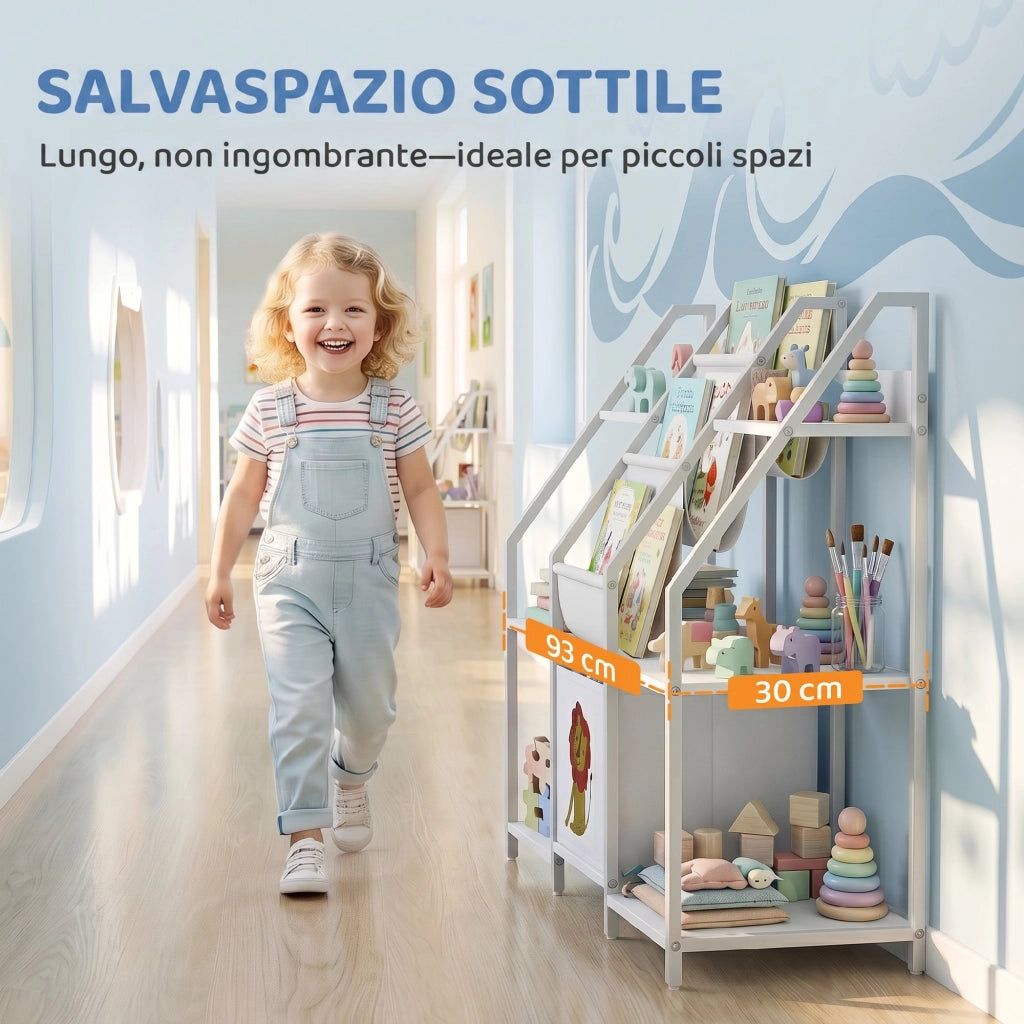 Libreria Montessoriana per Bambini 3-8 Anni con 3 Ripiani in Tessuto, Scomparti in Legno e Cassetto, Bianco