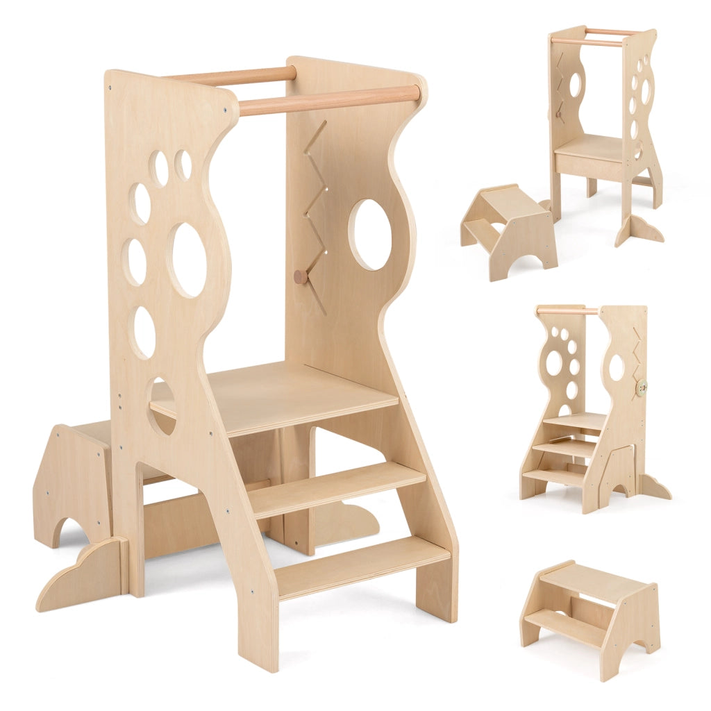 Sgabello cucina bambini torretta legno 2 in 1 barre sicurezza rimovibili 2 scalini, Sgabello set tavolo sedia versatile gioco montessori bambini 3+ anni