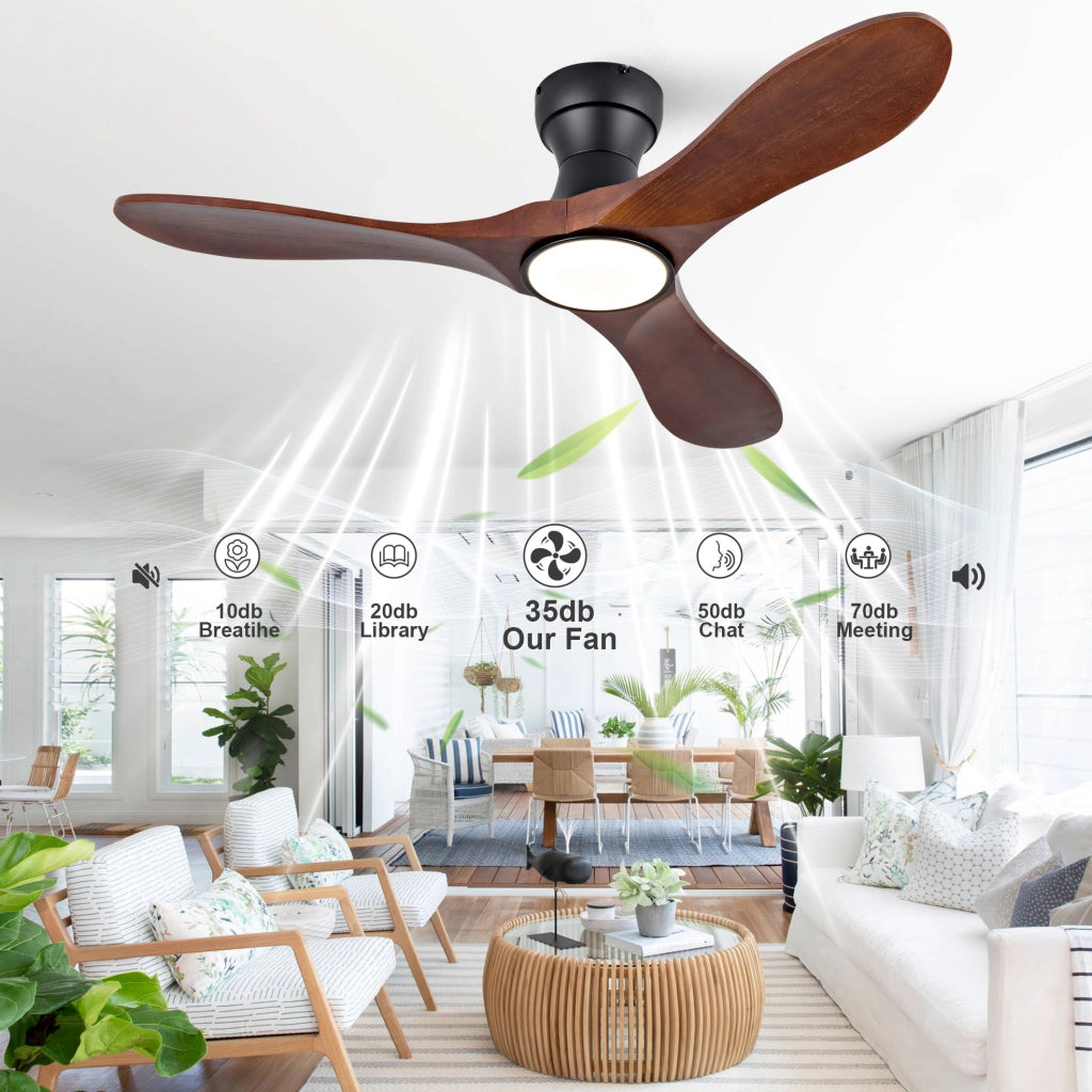 Ventilatore da soffitto 42" con LED dimmerabile; 3 pale in legno massello; nero e noce scuro