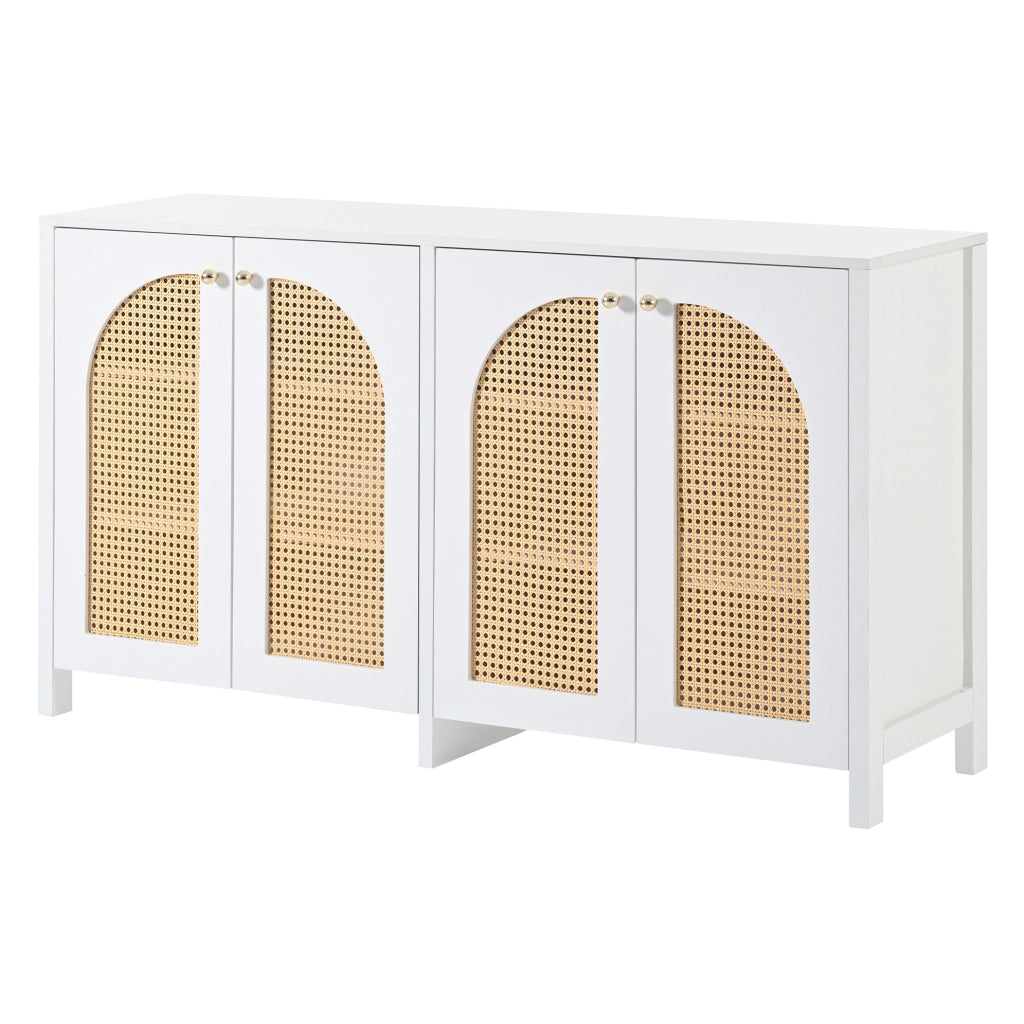 Sideboard moderno con 4 porte in rattan sintetico bianco, maniglie in metallo, per soggiorno, sala da pranzo o cucina
