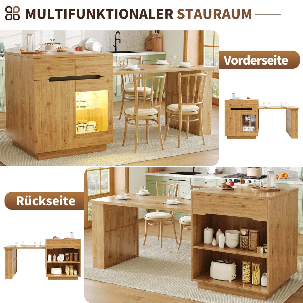 Isola da cucina con tavolo estraibile LED controllabile tramite app e telecomando in MDF colore legno 122-195 cm