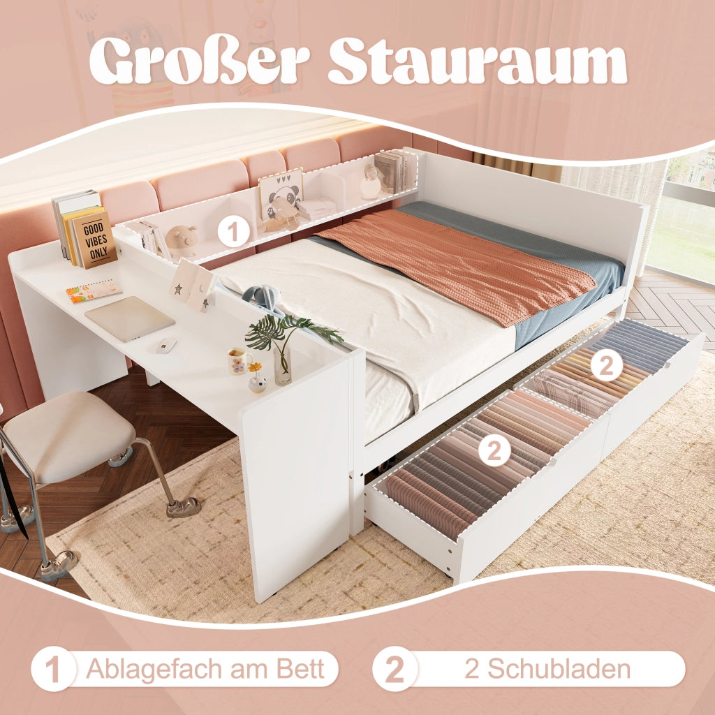 Letto con cassetti 140 × 200 cm con scrivania; 2 cassetti e 3 ripiani in legno di pino bianco senza materasso