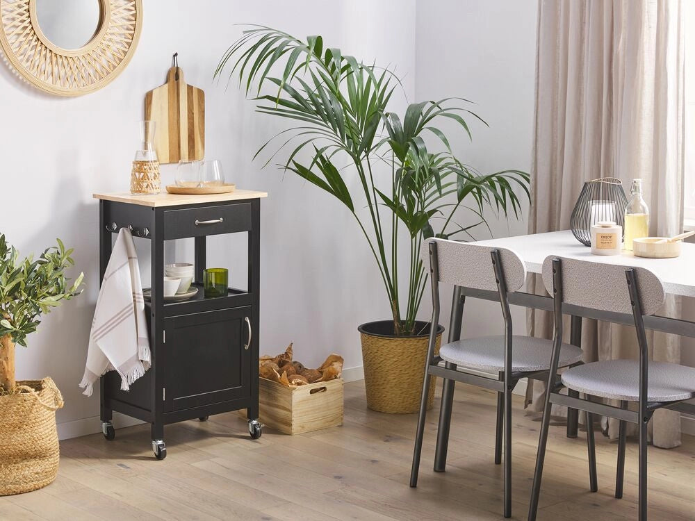 Carrello da cucina Piano in legno Nero e chiaro 60 x 48 x 91 cm Armadio portasciugamani 1 cassetto per posate rotelle