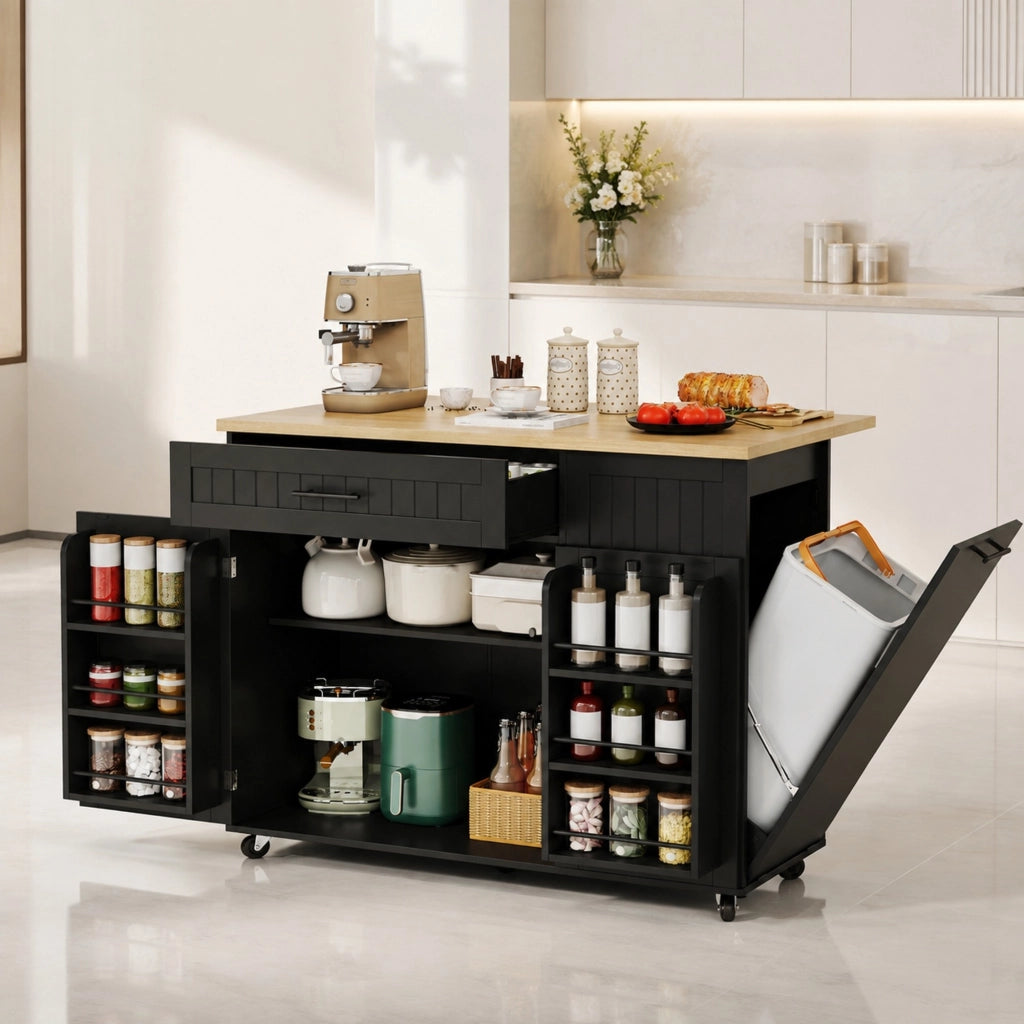 Mobile base da cucina con piano pieghevole; vano pattumiera; cassetto e ruote bloccabili nero 130 × 70 × 93 cm