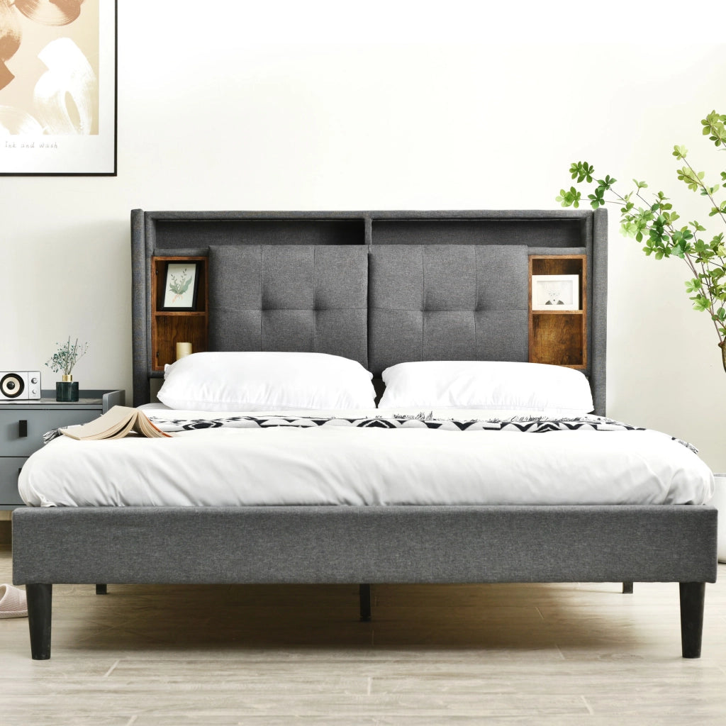 Letto Matrimoniale 140x200 Grigio con Testiera Contenitore; LED; 2 USB e 2 Prese