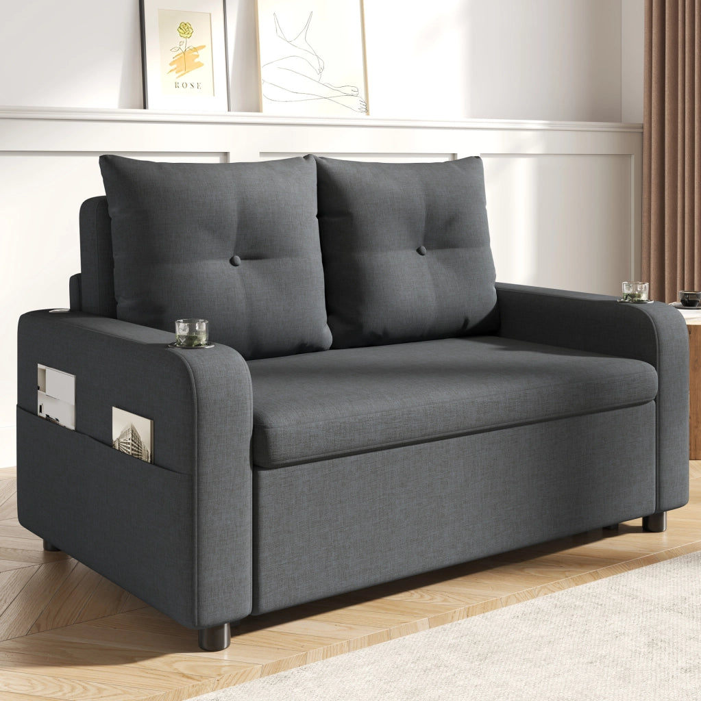 Divano Letto 3-in-1 Grigio 2 Posti con Porta Bicchieri, Tasche Laterali, Cuscini e Porta USB