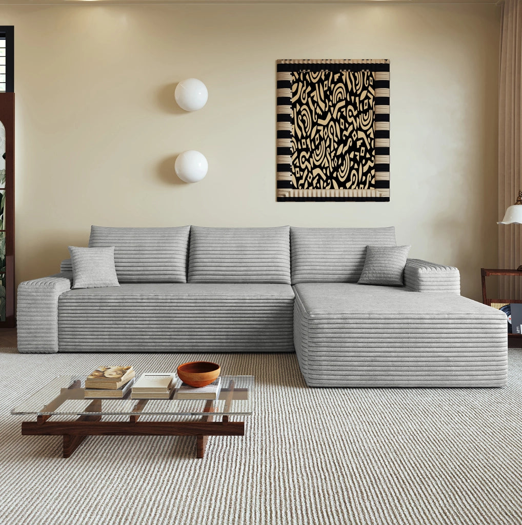 Divano modulare angolare grigio 270 cm con chaise longue a L in velluto a coste, senza montaggio