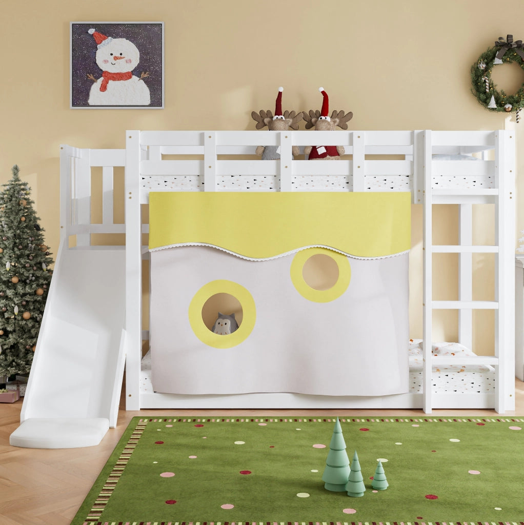 Letto a castello 90x200 cm con scala, scivolo e tende in pino e MDF bianco