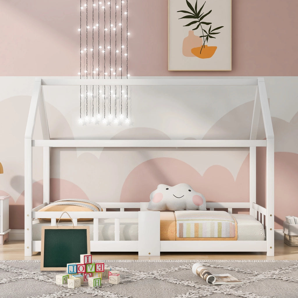 DESMIU Letto casetta bambino 90 × 200 cm con lavagna, sponda di sicurezza, senza materasso, legno massello, bianco