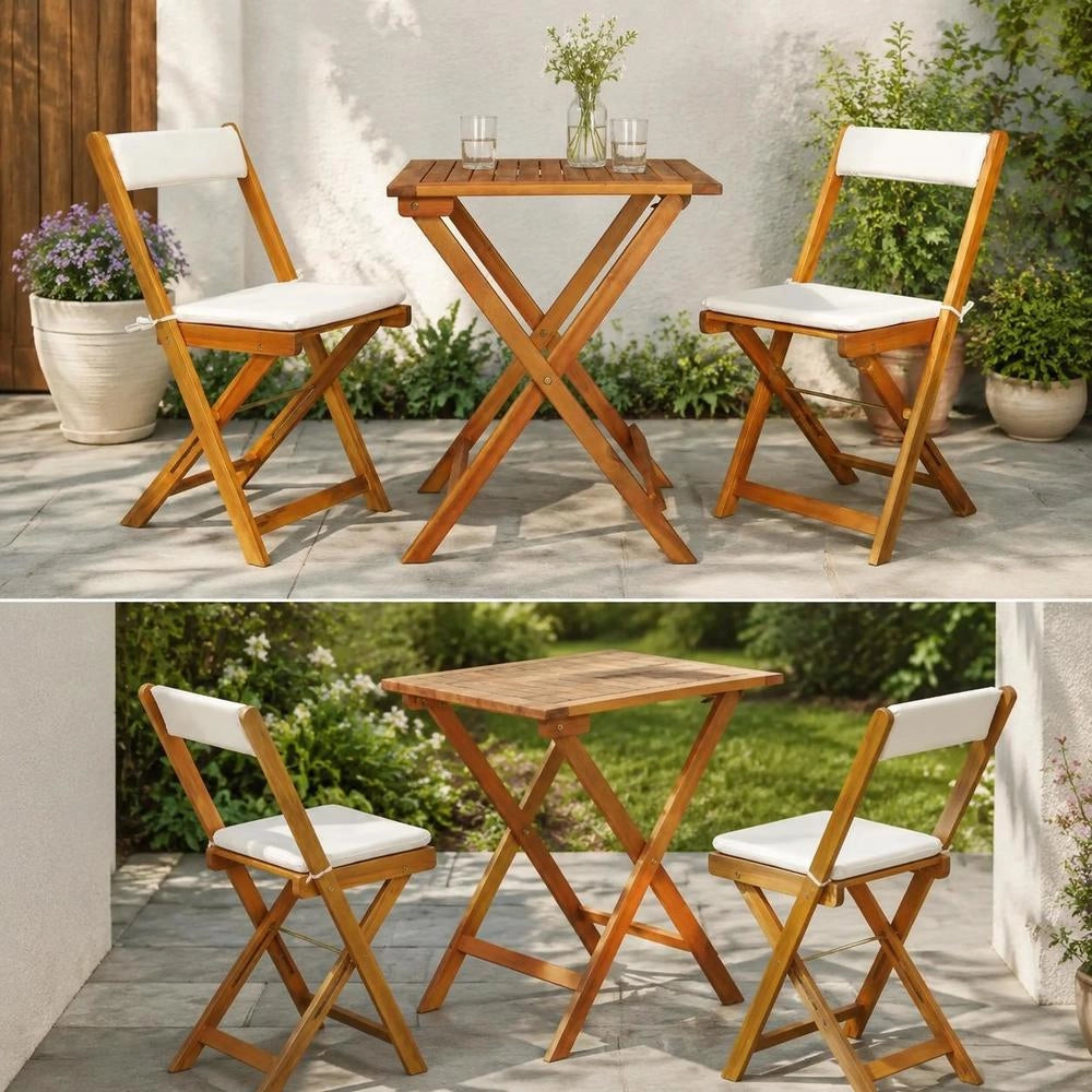3-piece Foldable Bistro Set With Cushions, Solid Acacia Wood