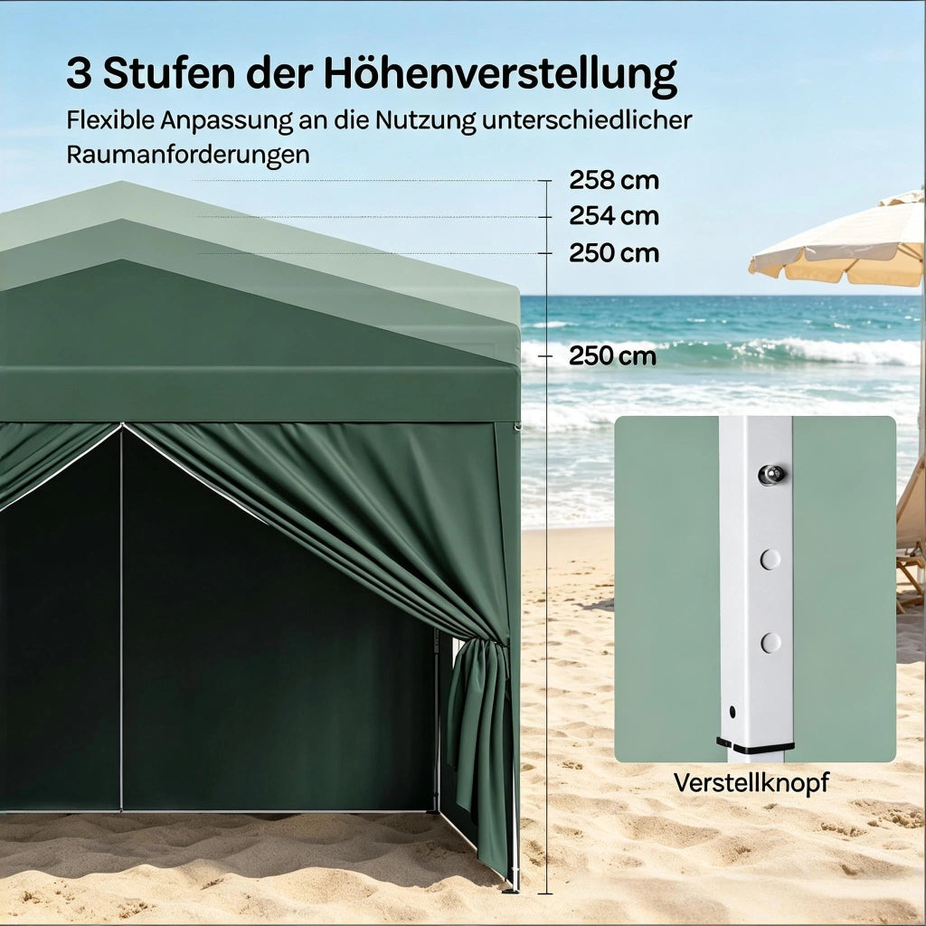 Gazebo pieghevole 3 × 3 m con pareti laterali avvolgibili; tetto Oxford 210D impermeabile verde regolabile in altezza