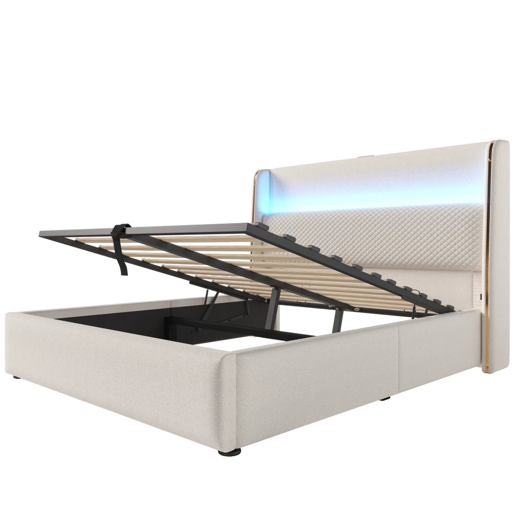 Letto matrimoniale 140 × 200 cm 2 posti con contenitore idraulico; LED regolabile e USB Type-C; senza materasso; beige